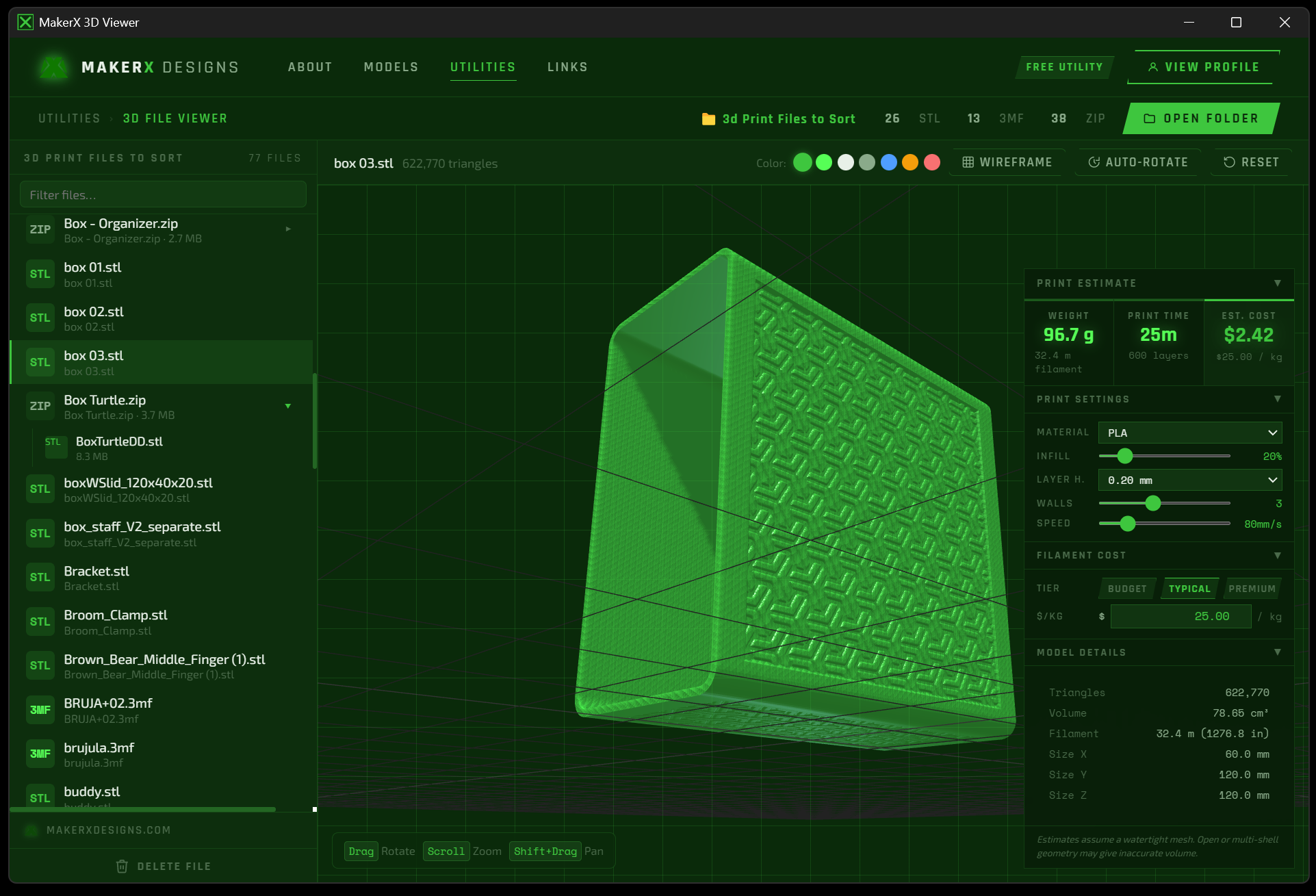 3D model preview with print estimate panel