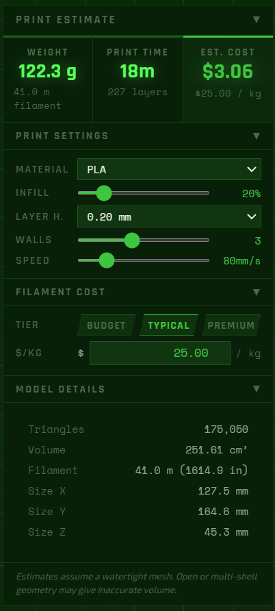 Print estimate panel expanded showing material, infill, speed and filament cost settings