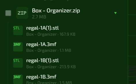 ZIP file expanded showing STL and 3MF files inside