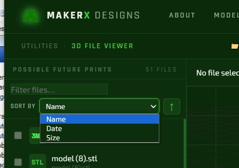 Sort By dropdown in the sidebar set to Name, with Date and Size options and an ascending/descending toggle