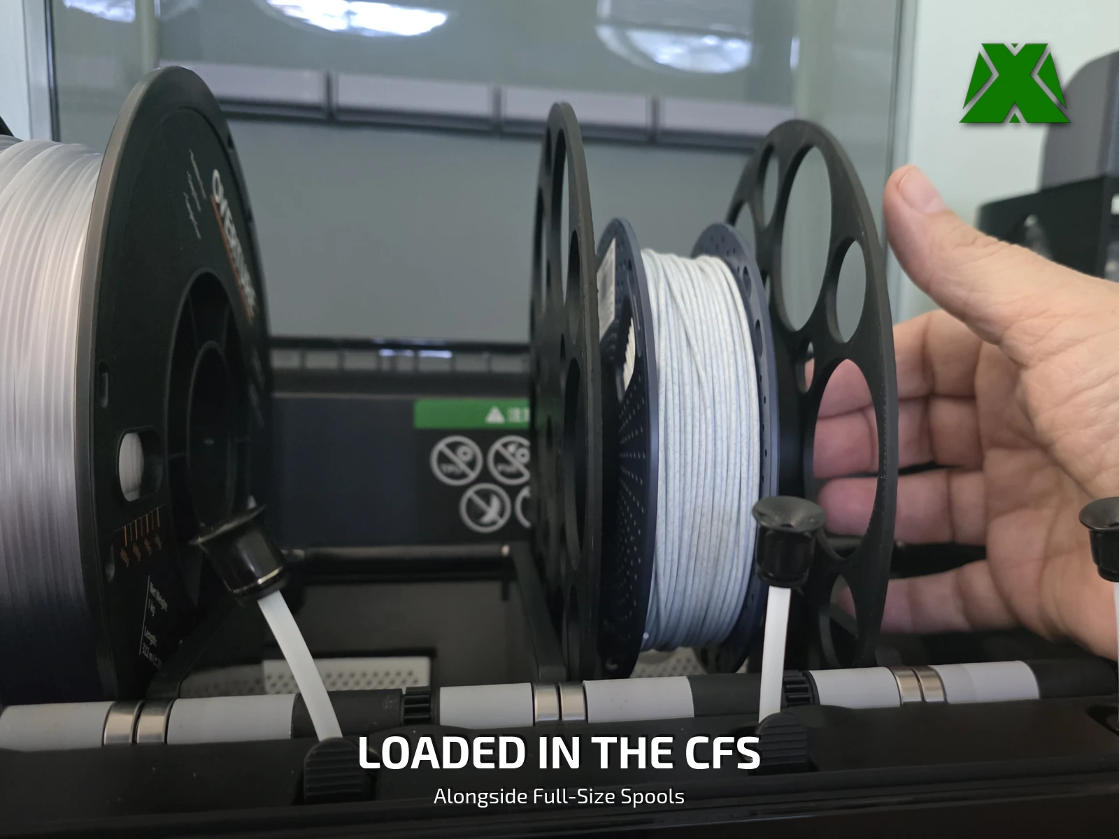 A small spool on the adapter loaded in the CFS beside two full-size spools, all three feeding into the tubes