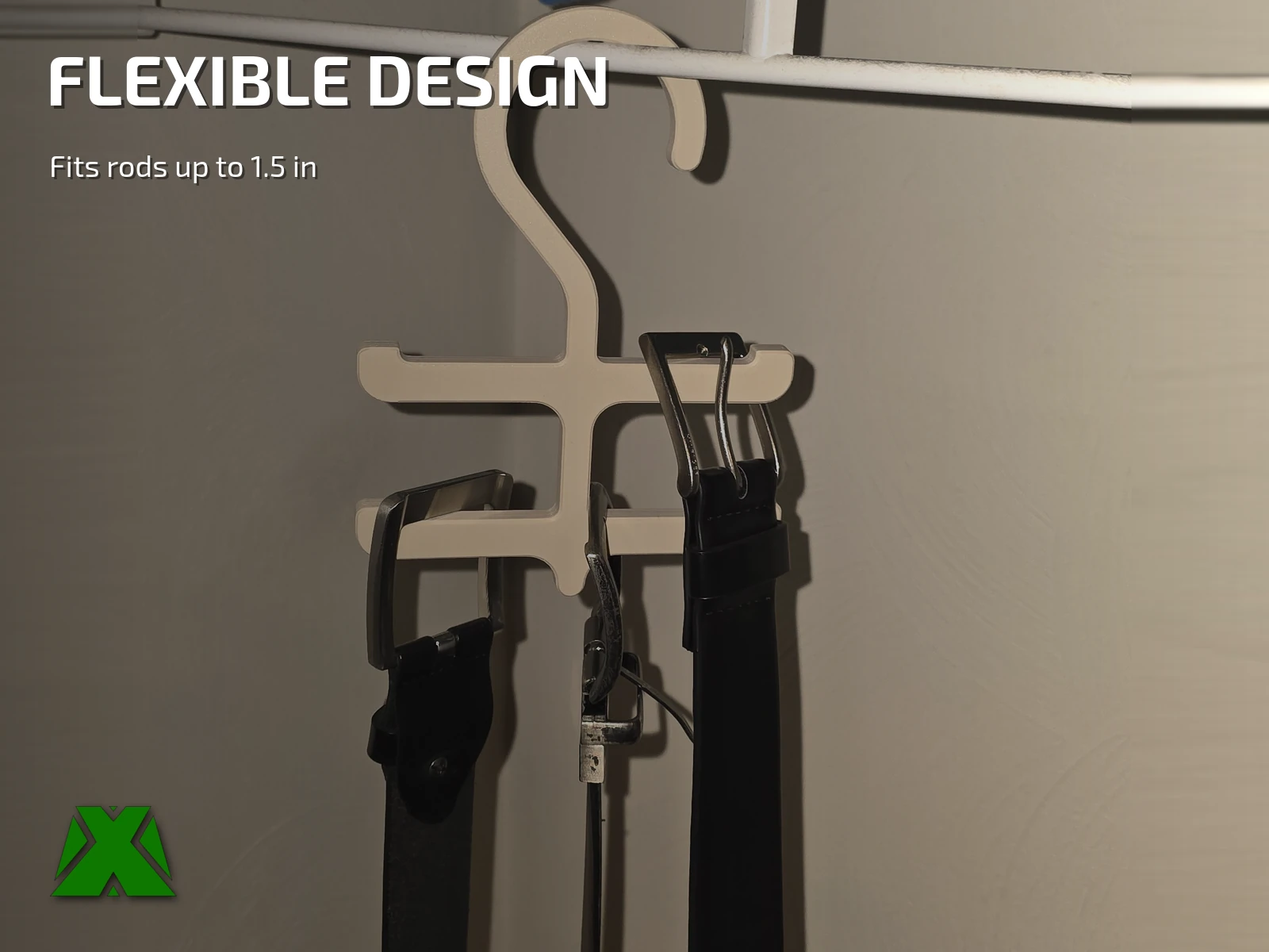 The belt hanger on a closet rail holding three belts, each in its own slot