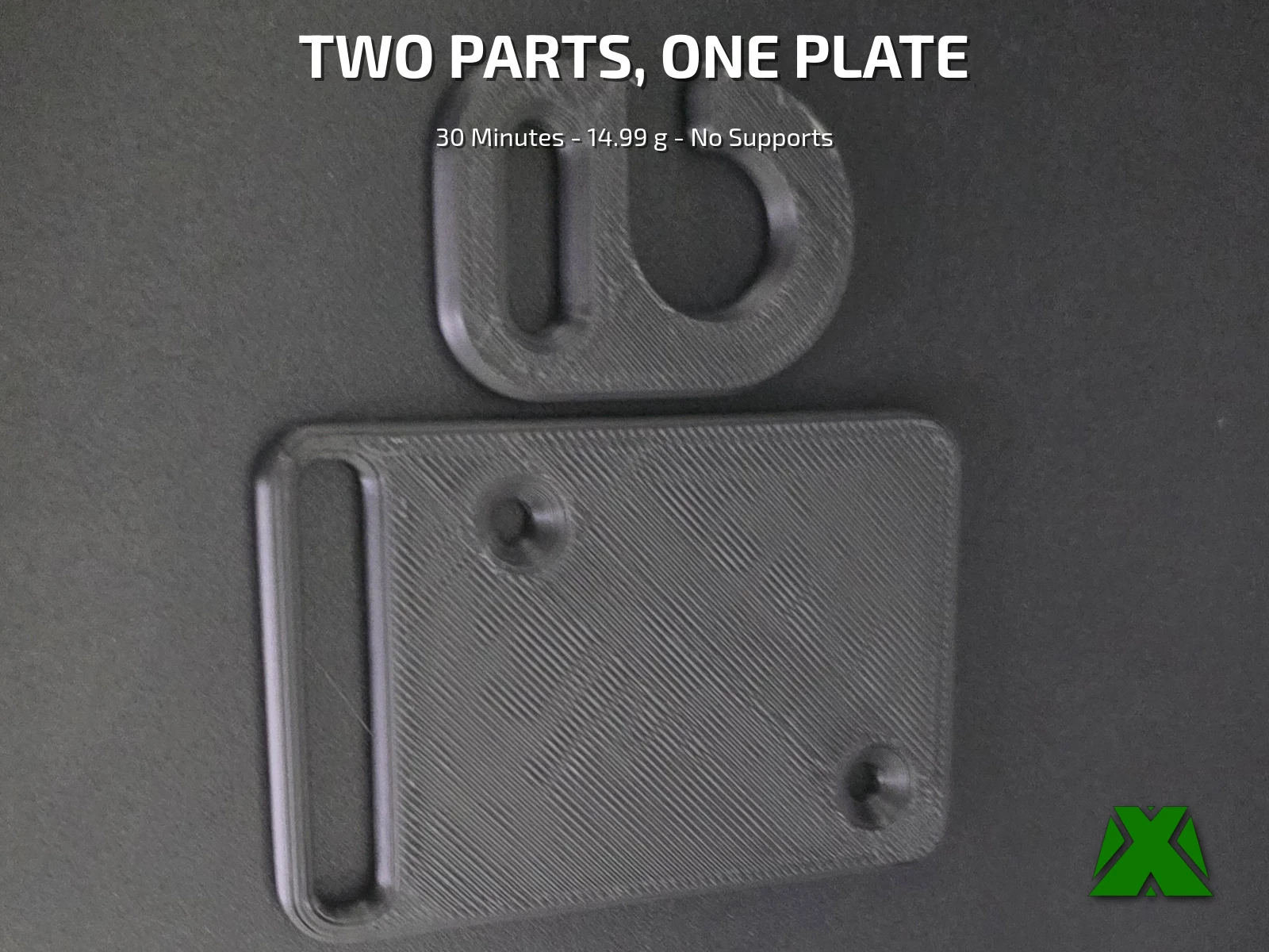 Both printed parts lying flat: the small hook above and the rectangular mounting plate below, showing its belt slot and two countersunk screw holes