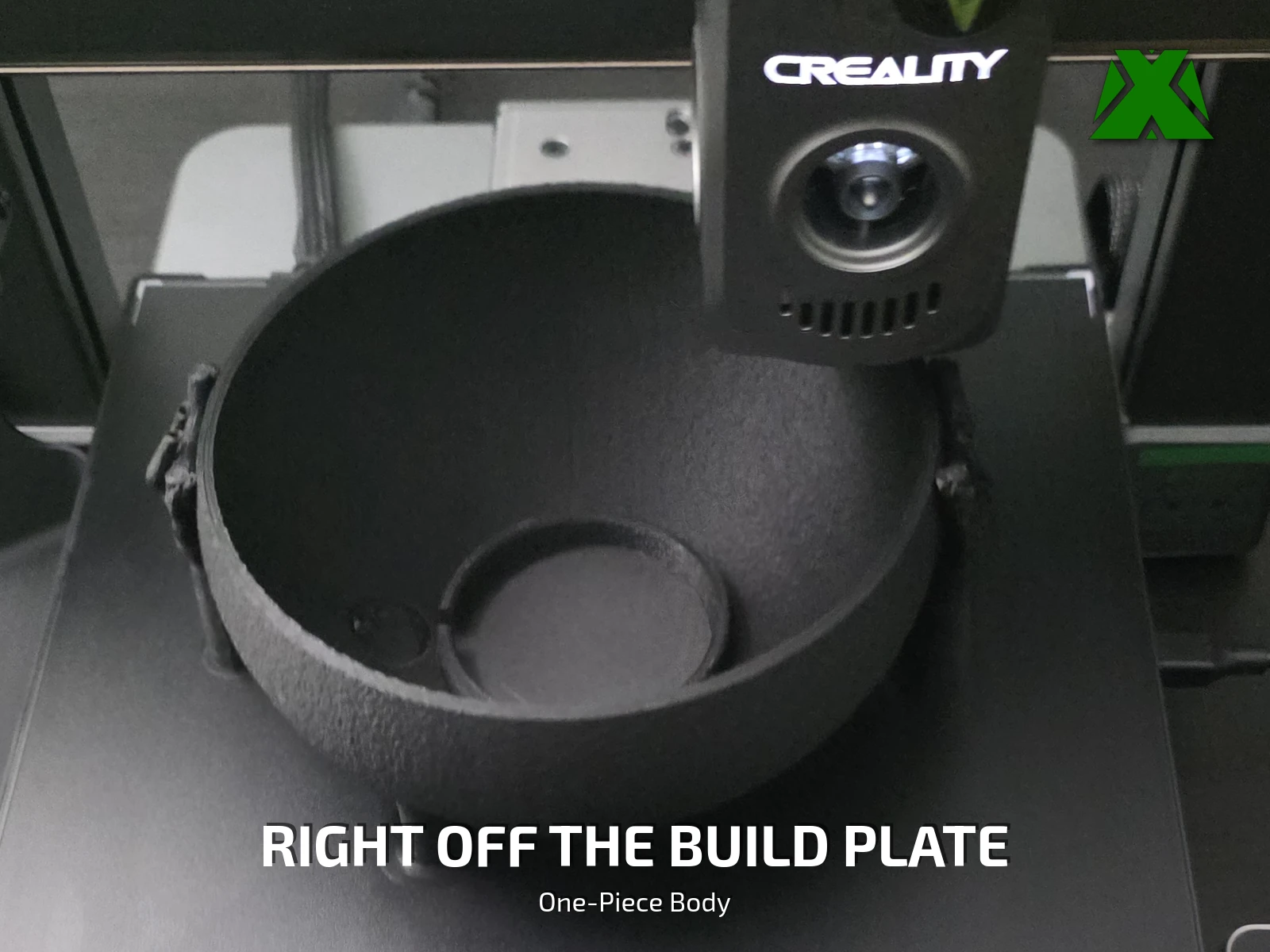 The cauldron body still on the printer bed, showing the one-piece body straight off the build plate