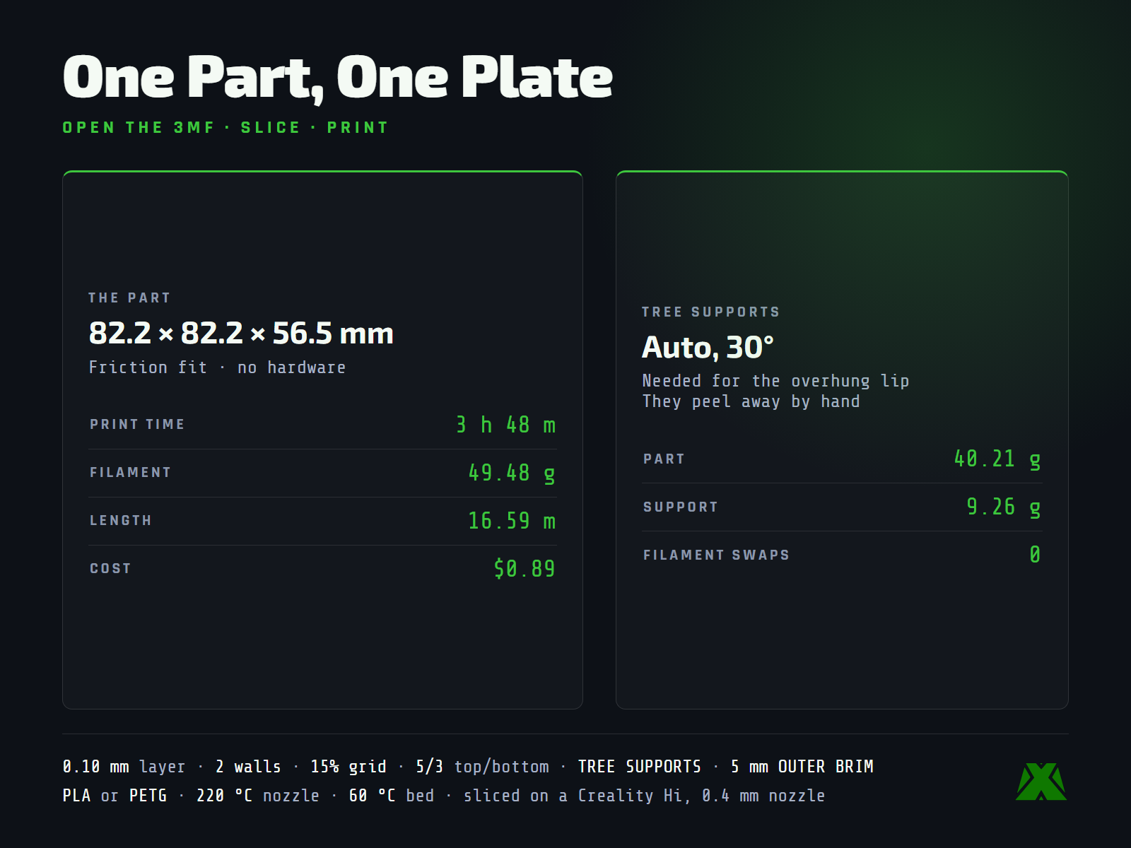 Slice data: one plate, 49.48 g of filament in 3 hours 48 minutes, tree supports at a 30 degree threshold