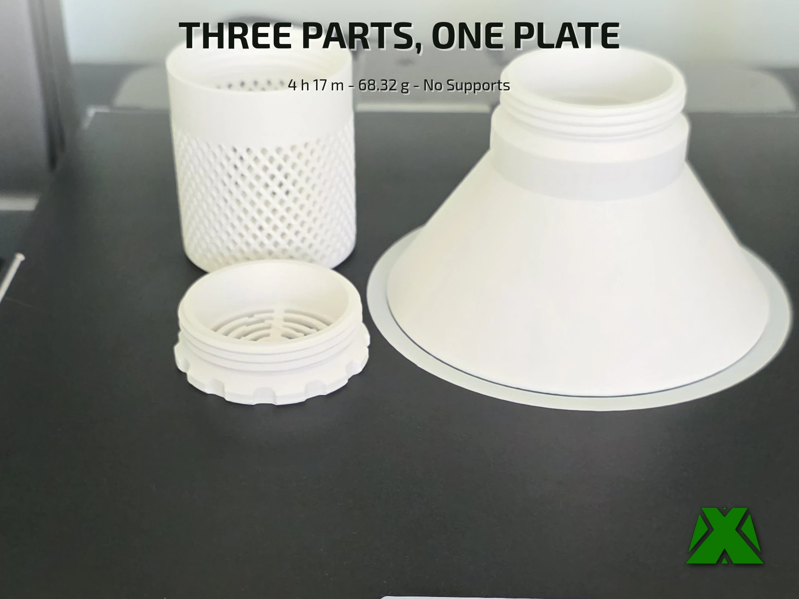 All three printed parts laid out separately: the mesh-walled body, the round vented lid, and the funnel lying on its side