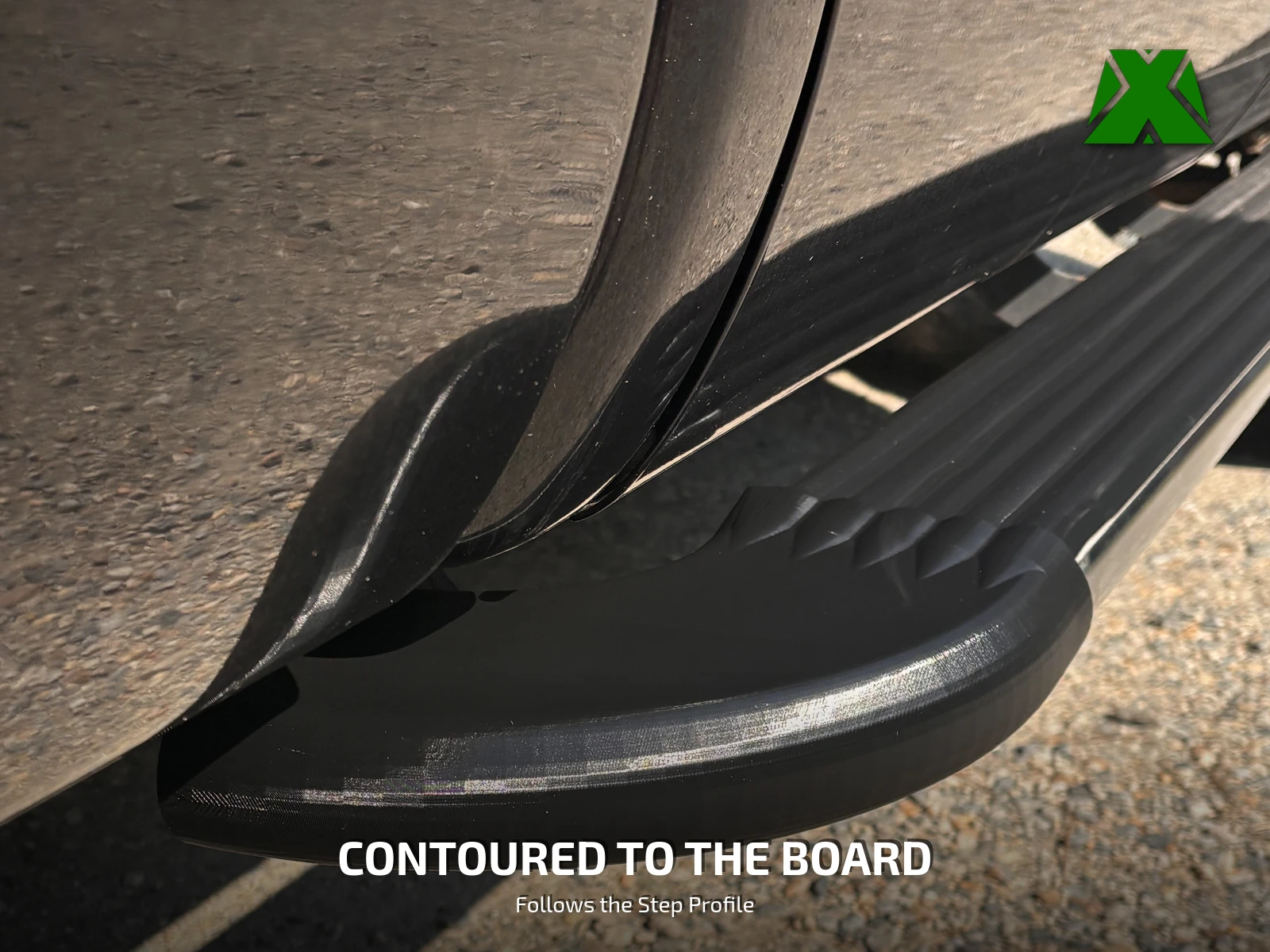Close view along the length of the fitted cap, its curved profile continuing the ribbed step surface of the board without a step or gap