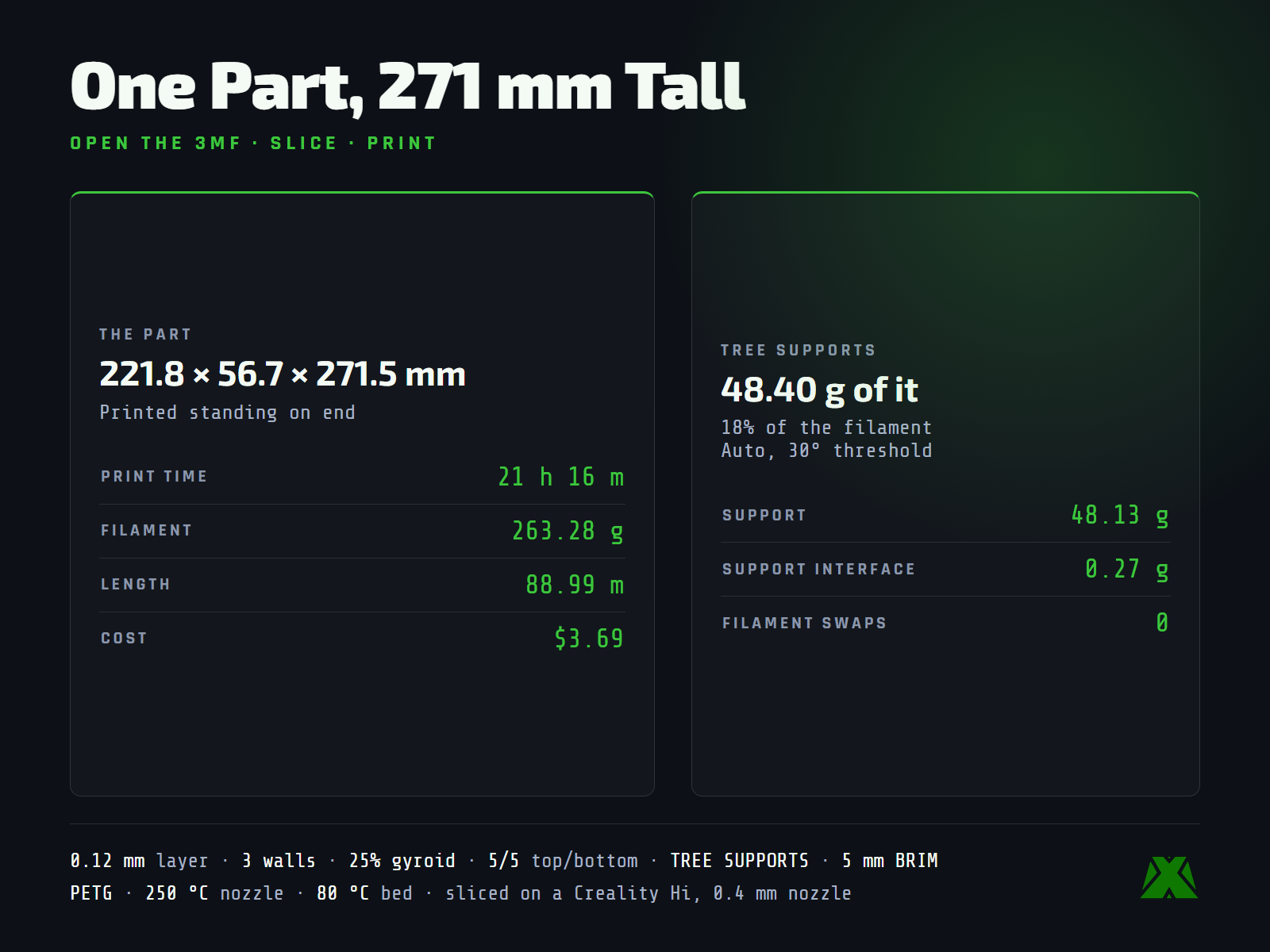 Slice data: one part standing on end at 271.5 mm tall, 21 h 16 m and 263.28 g in PETG, with 48.40 g of that in tree supports