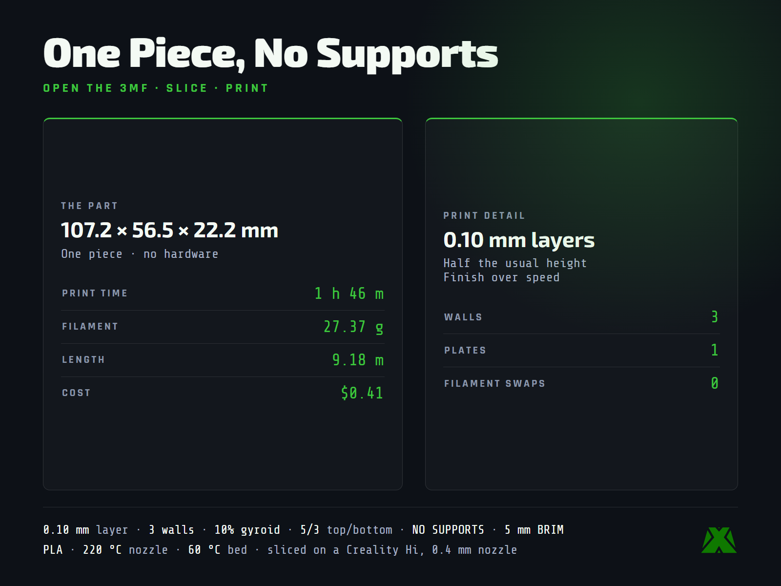 Slice data: 107.2 by 56.5 by 22.2 mm, one piece, 27.37 grams in 1 hour 46 minutes, no supports