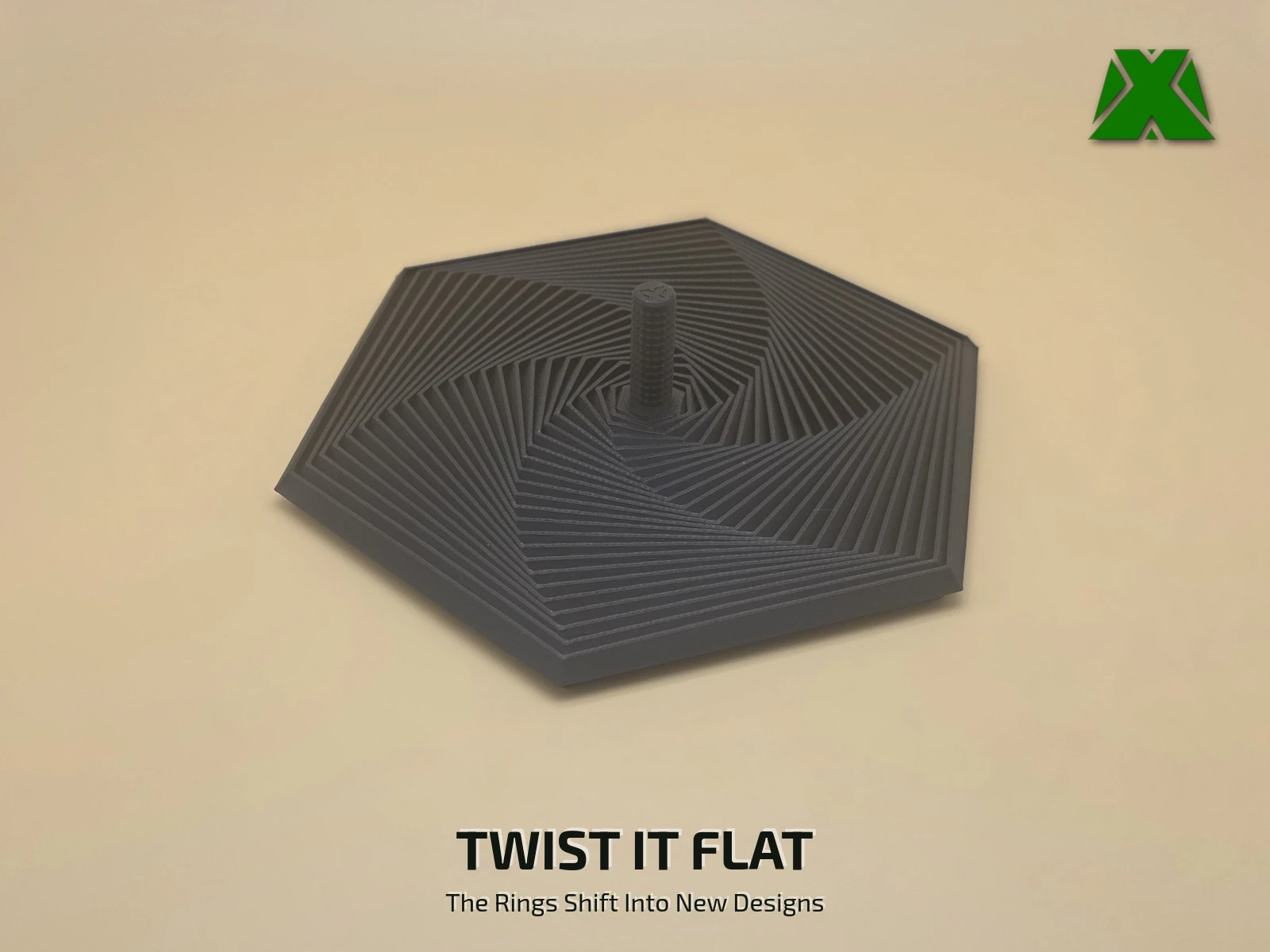 The fidget hexagon twisted flat on the desk, its 24 rings swept around out of line into a six-armed pinwheel