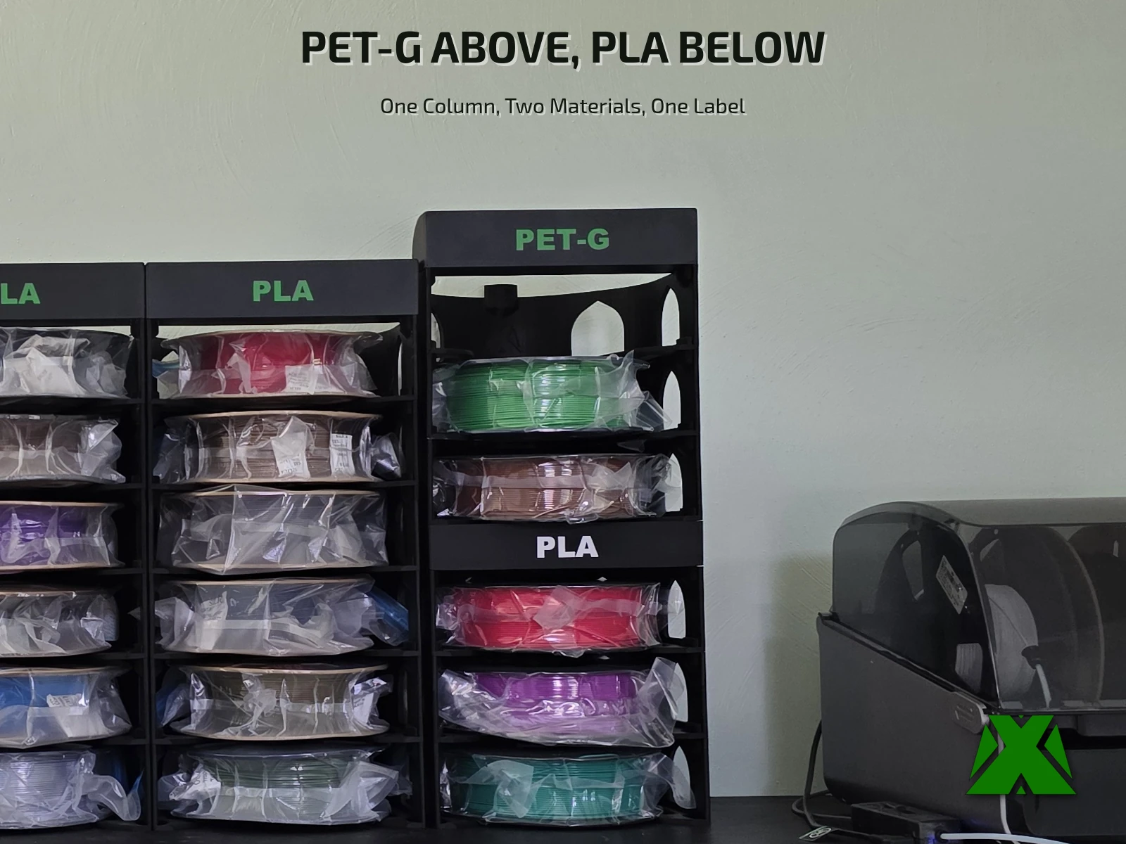 A filament column capped with a green PET-G bar, two PET-G spools below it, then a white PLA in-stack label marking where the PLA begins
