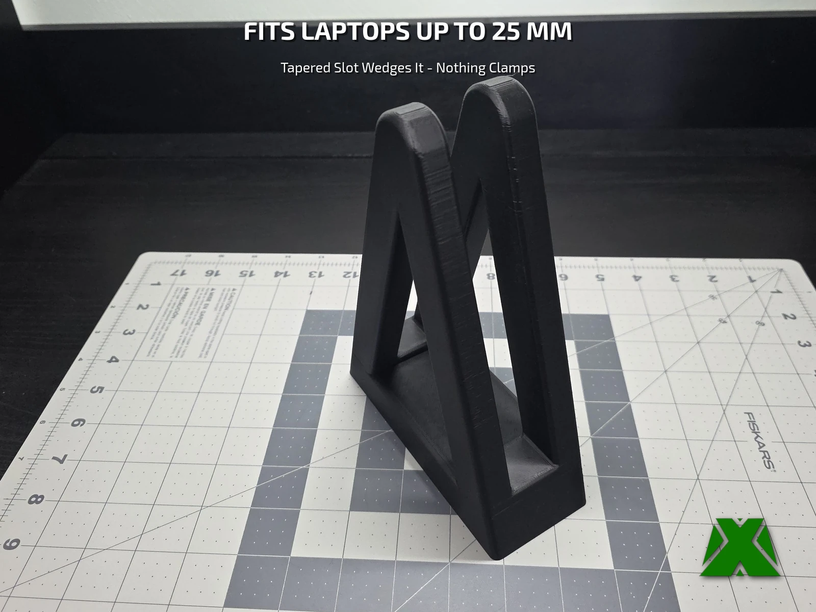 The stand from a low angle showing the tapered channel between its two arms