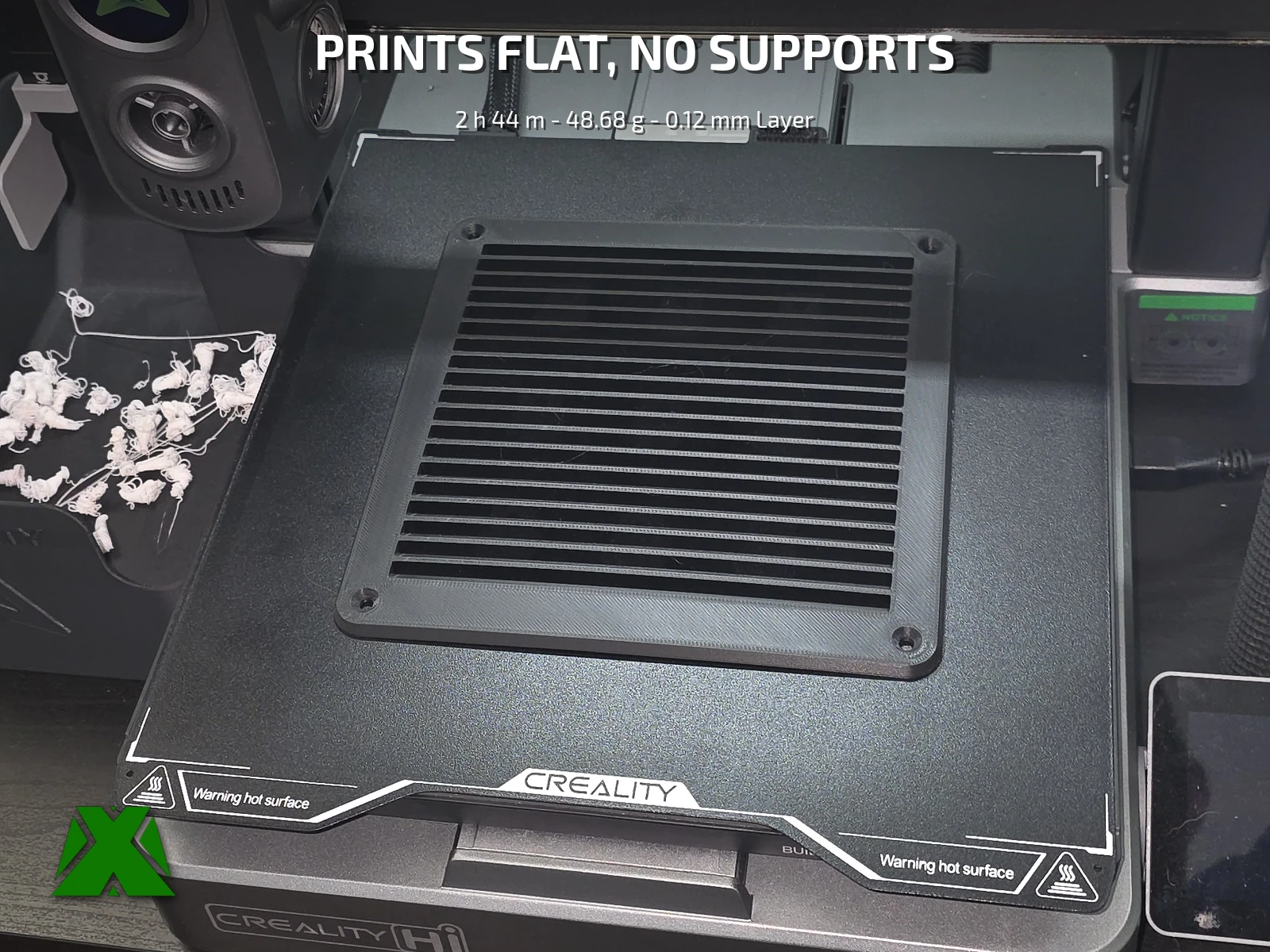 The finished panel lying flat on the build plate of a Creality Hi, printed in one piece with no support material anywhere
