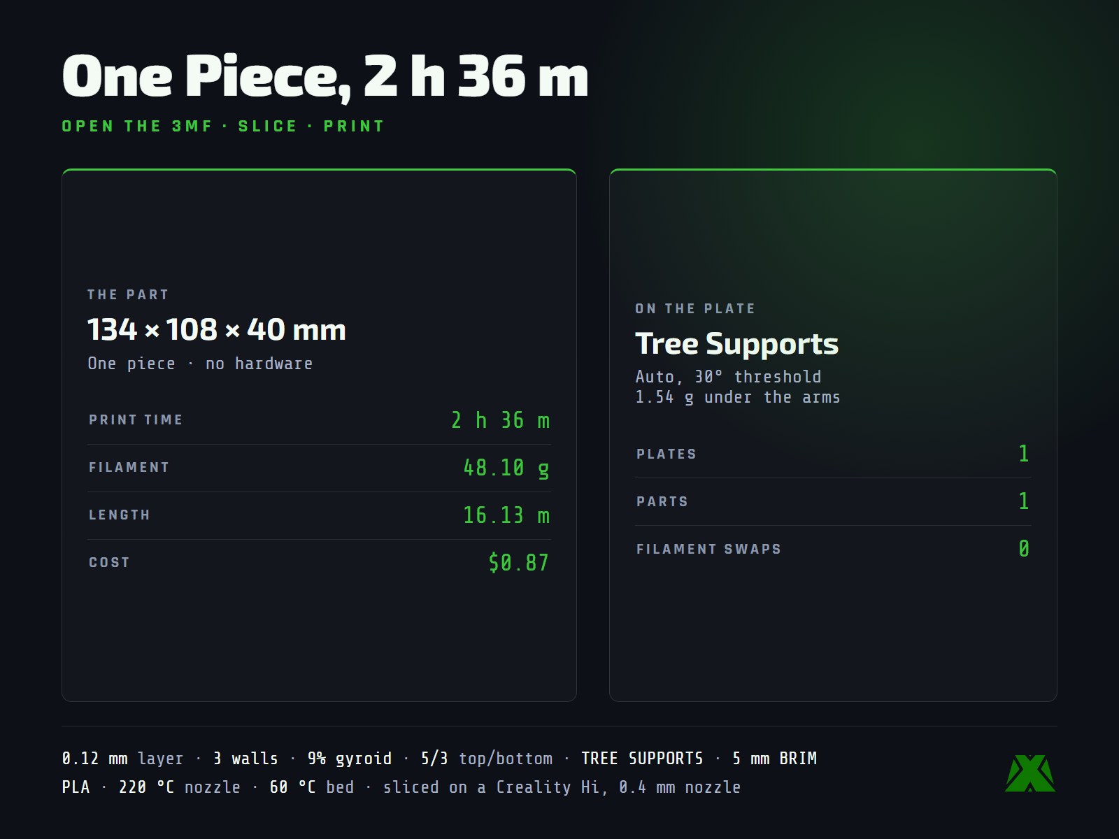 Slice data: one piece, 2 hours 36 minutes, 48.10 g of filament, tree supports at a 30 degree threshold using 1.54 g under the arms