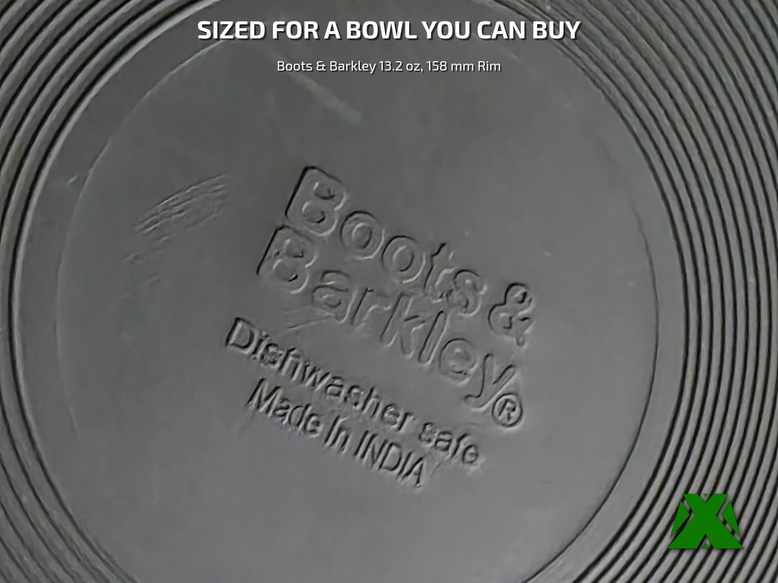 The underside of the stainless bowl, stamped Boots and Barkley, dishwasher safe