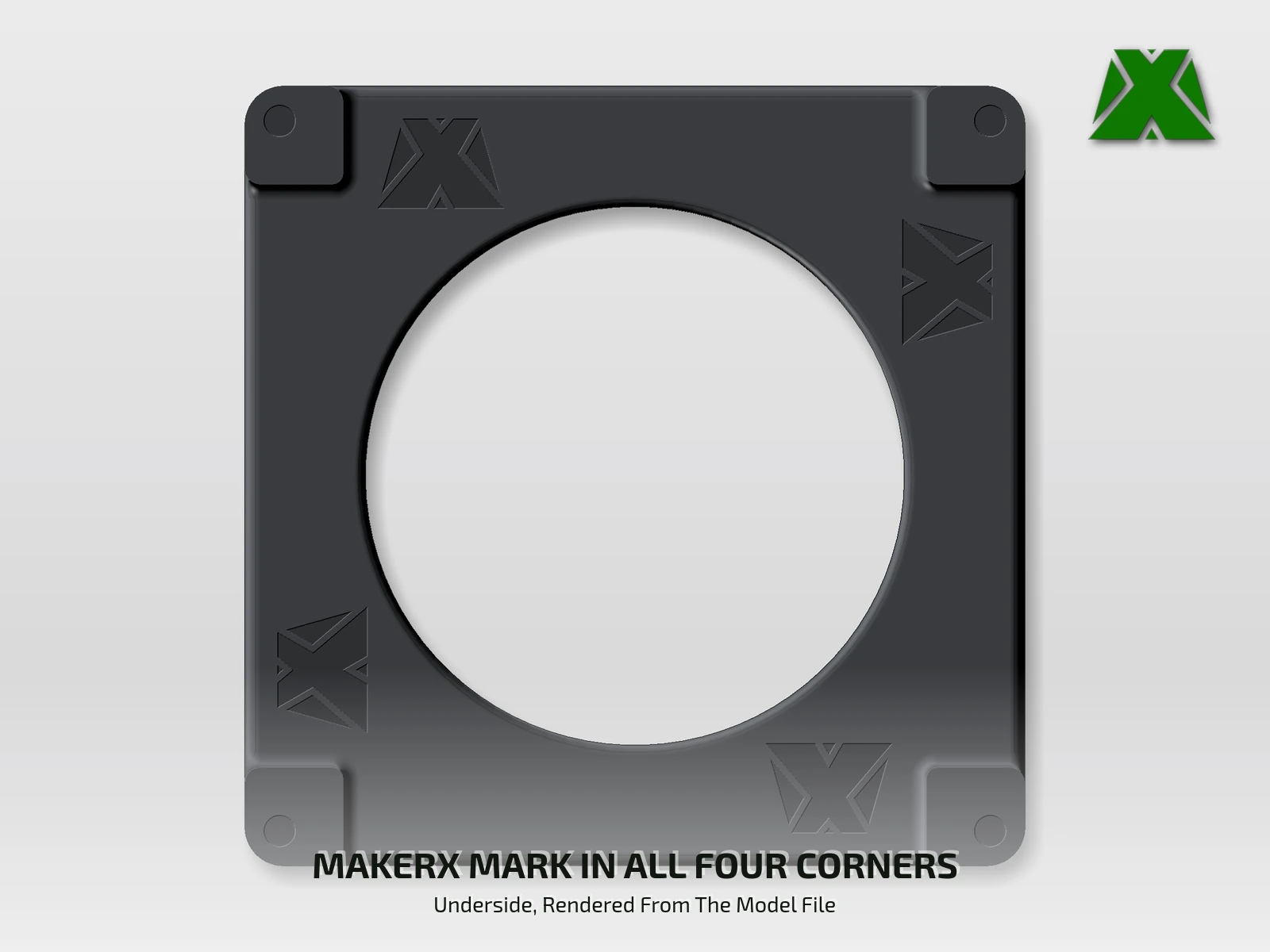 Render of the underside of the deck, showing the debossed MakerX mark in each of the four corners