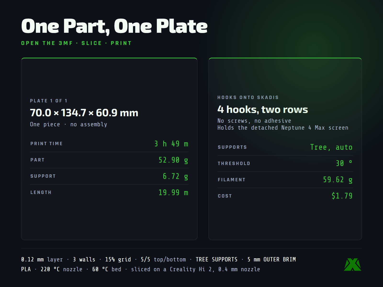 Slice data for the single plate: 3 h 49 m and 59.62 g, 70.0 by 134.7 by 60.9 mm with tree supports