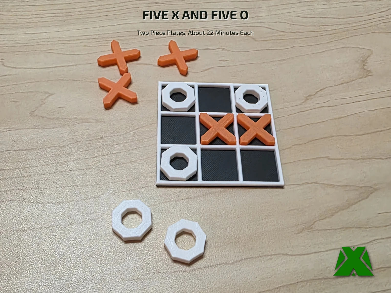 Spare X and O pieces laid out on the desk beside the board