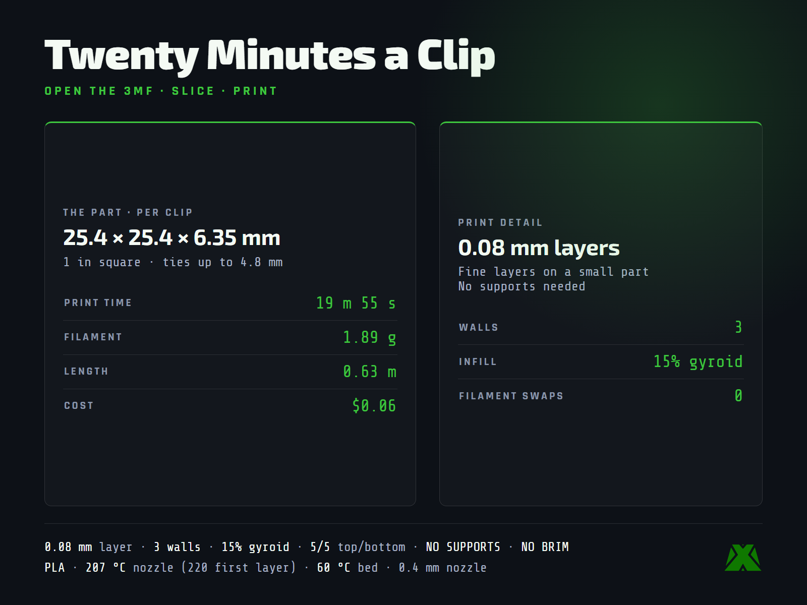 Slice data: one clip in PLA, 19 m 55 s and 1.89 g, 0.08 mm layers, no supports